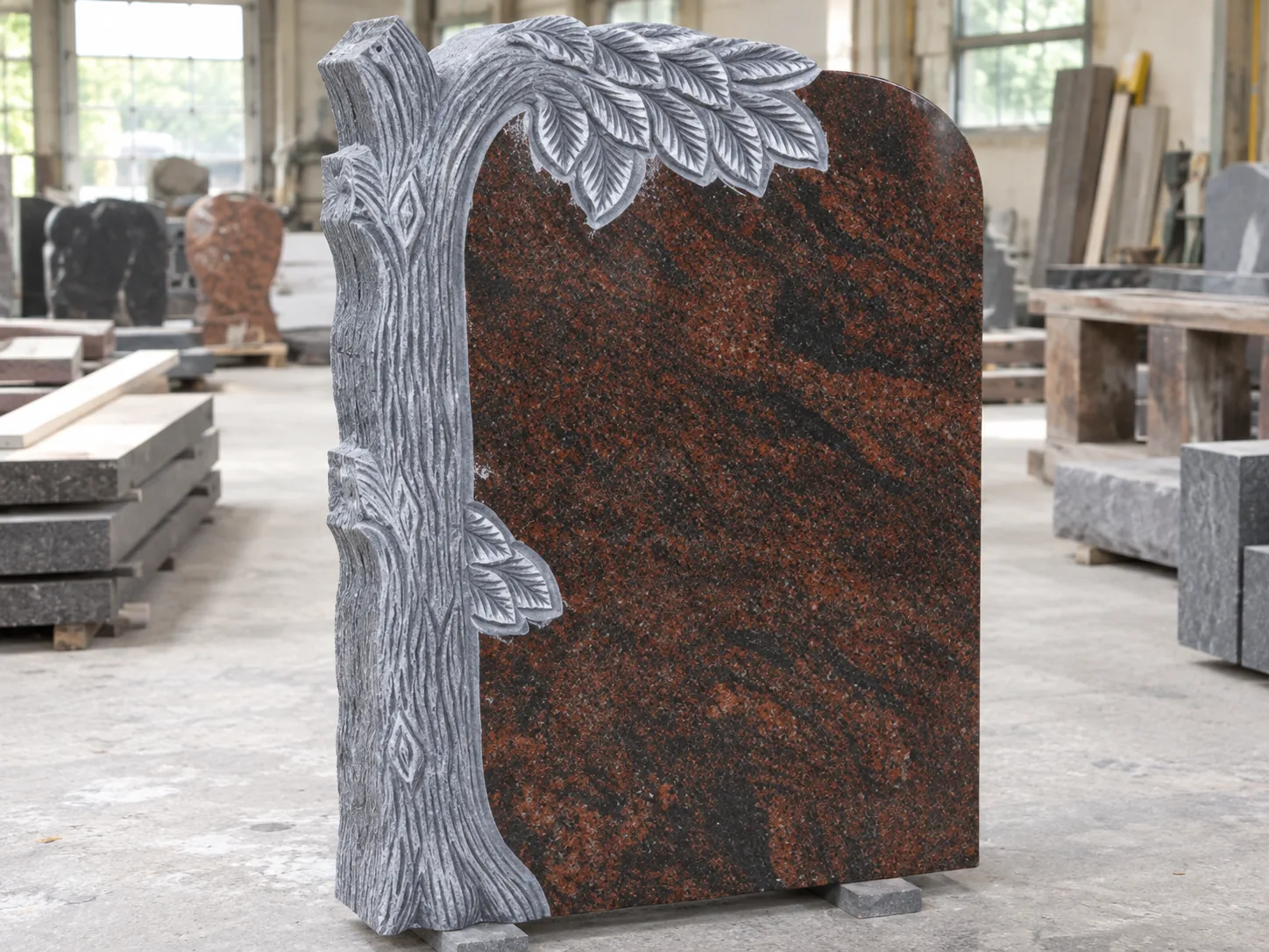 Red Aurora Granite Tree Traditional Headstone for cemetery application