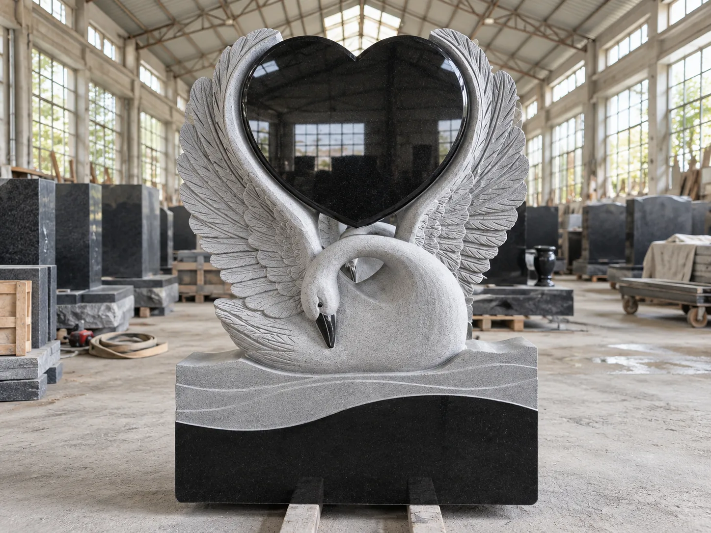 Jet Black Granite Swan Sculpture Traditional Headstone for Cemetery Memorial Application