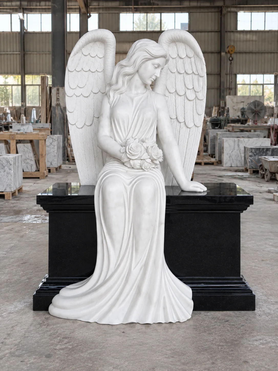 White Marble black Granite Angel Sculpture Headstone for cemetery appication