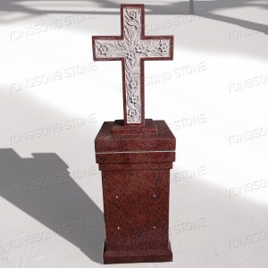Carved Lily Red Granite Cross Lid On Square Pedestal